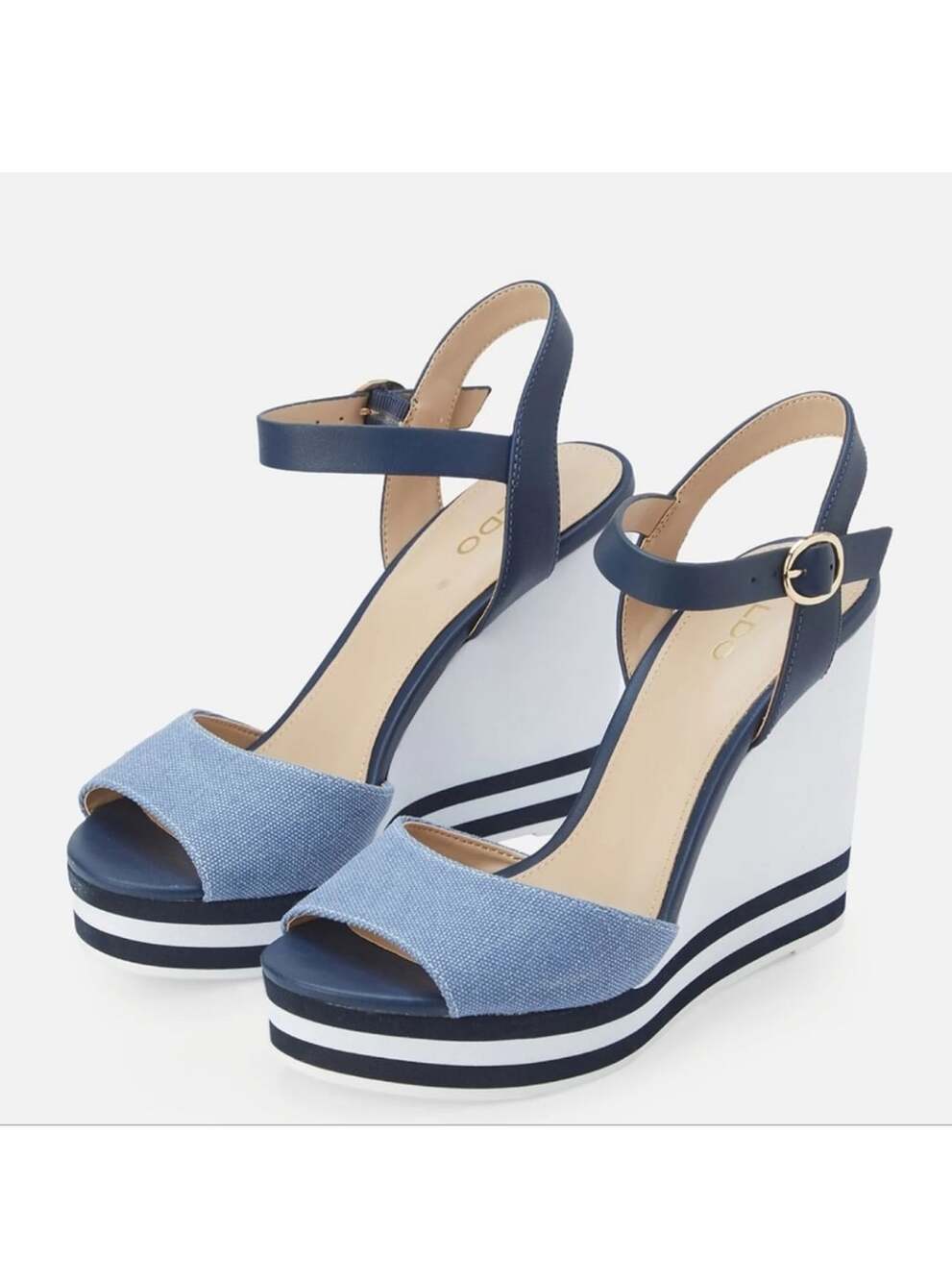 Aldo Broa Navy Blue Denim And White Stripe Platform Wedge Sandal